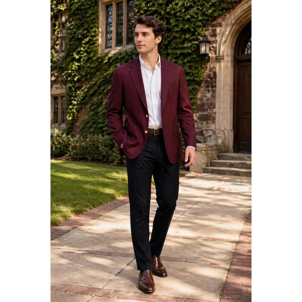 Vintage Burtons Mens Blazer 44S Burgundy Gold Button Preppy Classic Old Money